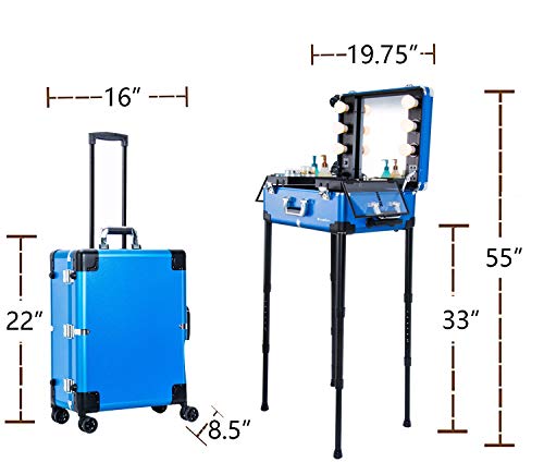 Kemier Estuche de Maquillaje,Mesa de Entrenamiento de Cosméticos con 4 Ruedas y Luces y Espejo,Tablero de Cubierta y Bandejas Extensibles Fáciles de Limpiar,Piernas Ajustables,Robusto(Azul)