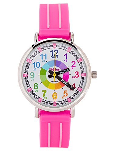 KIDDUS Reloj Educativo para niña, Chica, Chico. De Pulsera, analógico. Time Teacher fácil de Leer para Aprender la Hora. Ejercicios incluídos. Mecanismo de Cuarzo japonés. KI10310 Manillas escritas