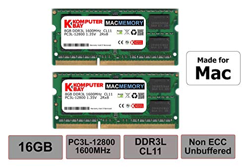 Komputerbay MACMEMORY 16GB (2x 8GB) PC3-12800 1600MHz SODIMM 204-Pin Laptop Memory 10-10-10-27 for Apple Mac