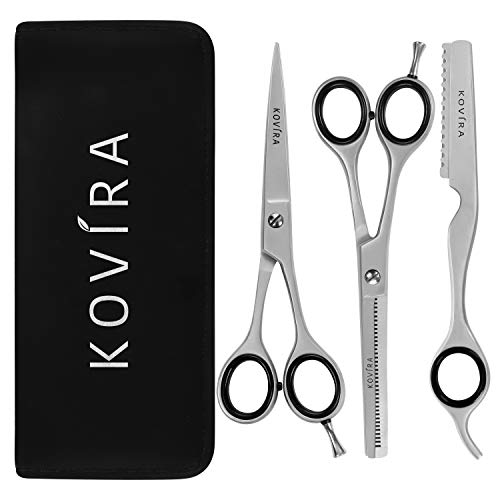 Kovira Set 3 Piezas Tijeras Peluqueria Profesional - 16,5cm de Largo - Afiladas Tijeras de Corte, Descargue y Texturizado - Set Barbero Acero Inoxidable Japonés