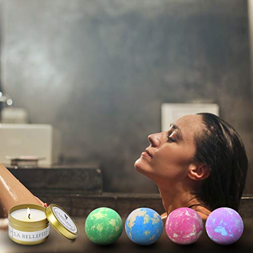 LA BELLEFÉE Bombas de Baño Aromaterapia de Baño Bolas Productos de Baño Imprescindibles, Baño de Burbujas, Sales de Baño,Vela perfumada Juego Set de 6 (4 x Bombas de Baño 2 x Vela perfumada)