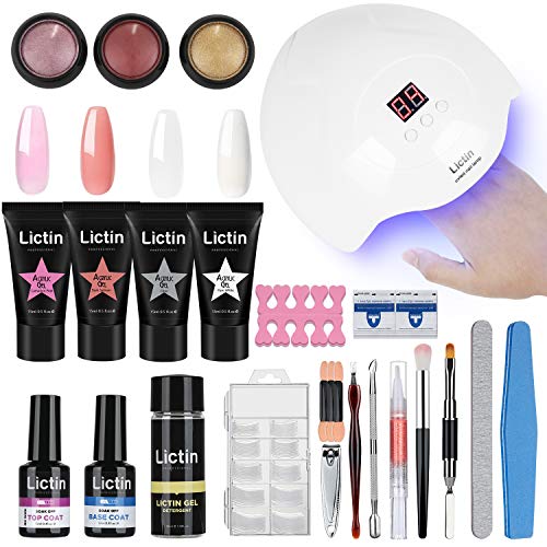 Lictin kit Lampara Uñas de Gel-Lámpara Secador de Uñas UV/LED con 4 * 15ml Extension Glue, 100 Pcs Uñas, 3 * Polvo de Uñas, Seguro y Fácil, Adecuado Para Manicuristas, Principiantes