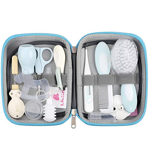 Lictin Set para Cuidado del Bebé - 15 Piezas Kit de Aseo para Bebés con Cuchara de Oreja con LED Cepillo de Pelo y Peine,Cortador de Uñas Cepillo de Dientes de Dedo para Viaje y el Uso Diario (Azul)