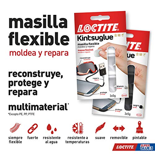 Loctite Kintsuglue, masilla flexible blanca para reparar, reconstruir y proteger objetos, masilla adhesiva moldeable, adhesivo impermeable y removible, 3 x 5 g