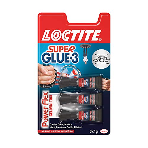 Loctite Super Glue-3 Power Flex Mini Trio, gel adhesivo flexible y resistente, pegamento instantáneo para superficies verticales, pegamento transparente extrafuerte, 3x1g