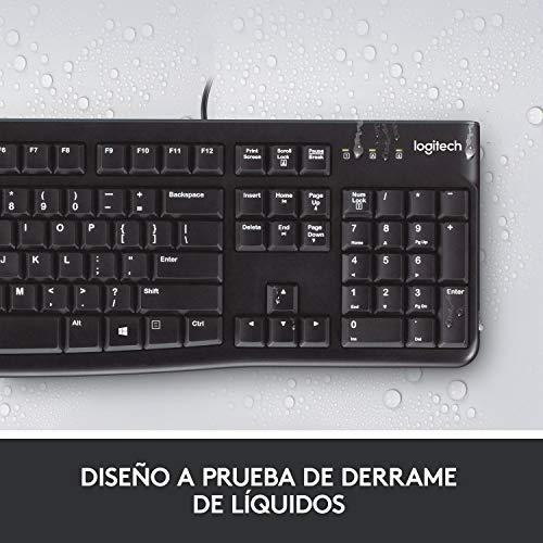 Logitech K120 Teclado con Cable para Windows, Tamaño Normal, Resistante a Líquido, Barra Espaciadora Curvada, PC/Portátil, Disposición QWERTY Español, color Negro