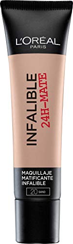 L'Oréal Paris 24H Mate, Base Maquillaje Matificante Larga Duración Tono de Piel Medio 20 Sable - 35 ml