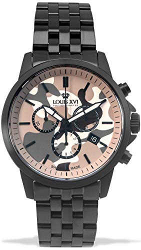LOUIS XVI Aramis 972 - Reloj de pulsera para hombre, correa de acero, correa de camuflaje, color marrón, cronógrafo, analógico, cuarzo, acero inoxidable
