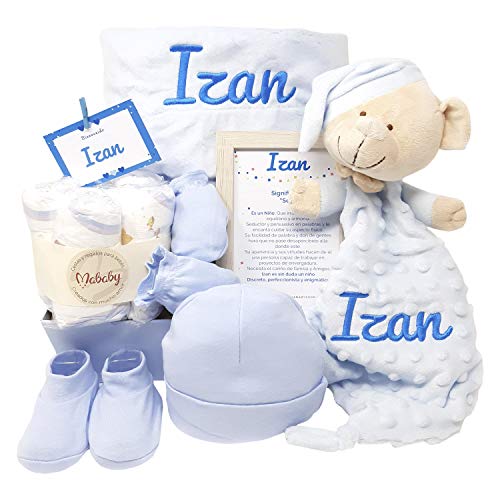 MabyBox Velvet DouDou | Canastilla Bebé Personalizada | Cesta Regalo Recién Nacido | Set Bebe Recién Nacido Personalizado (Azul)