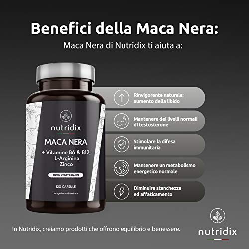 Maca Negra Andina 1.200mg por Dosis - Extracto Equivalente a 24.000 mg de Maca Planta concentrada 20:1 - Fórmula 100% Vegetariana con L-Arginina, Vitamina B6, B12 y Zinc - 120 Cápsulas Nutridix