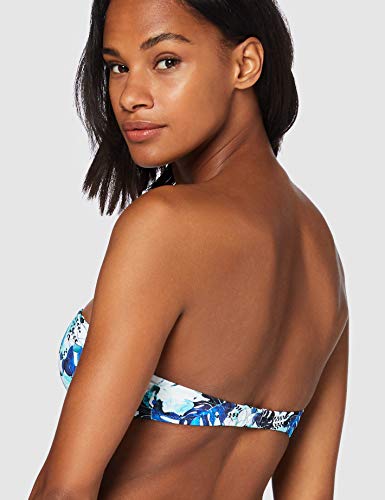 Marca Amazon - IRIS & LILLY Top de Bikini con Estampado de Flores Mujer, Azul (Blue Leaf), L, Label: L