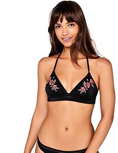 Marca Amazon - IRIS & LILLY Top de Bikini con Flores Mujer, Negro (Nero), L, Label: L