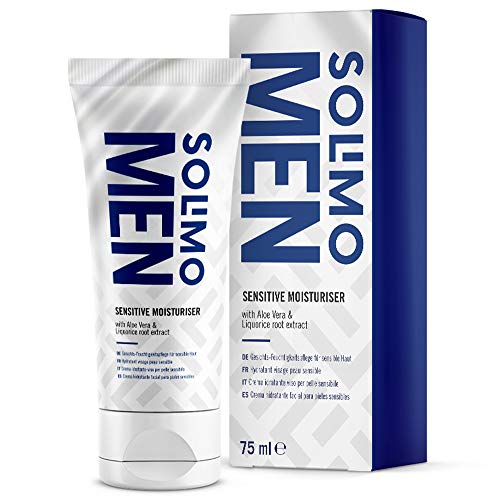 Marca Amazon - Solimo Men Crema hidratante facial Sensitive con aloe vera y extracto de raíz de regaliz, 4x75ml