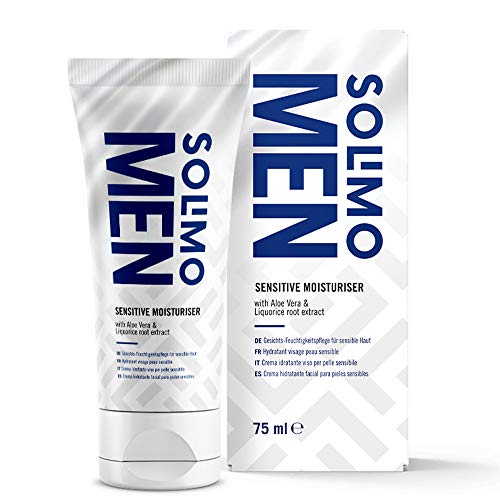 Marca Amazon - Solimo Men Crema hidratante facial Sensitive con aloe vera y extracto de raíz de regaliz, 4x75ml