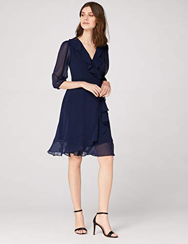 Marca Amazon - TRUTH & FABLE Vestido Midi Cruzado de Gasa Mujer, Azul (Navy), 42, Label: L