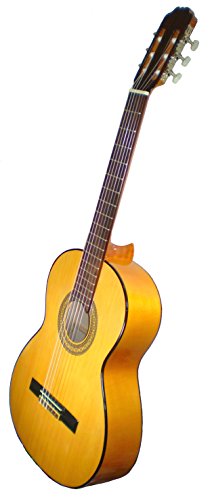 MARCE FLAMENCO 1 - Guitarra Clasica española de estudio + Funda (caja armónica de sicomoro, diapasón madera tintado, dos perfiles tintados en negro, acción baja. Tamaño adulto)