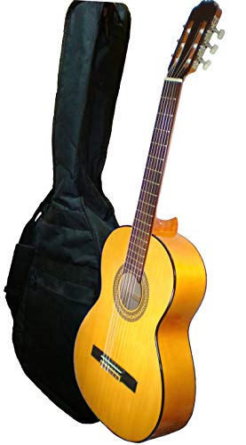 MARCE FLAMENCO 1 - Guitarra Clasica española de estudio + Funda (caja armónica de sicomoro, diapasón madera tintado, dos perfiles tintados en negro, acción baja. Tamaño adulto)