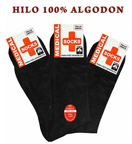 Medical 6+6=12 Pares Calcetines Hombre Negro Talla 40/46 Anti-PRESIÓN Anti-estres Anti-ácaros, pies sensibles, 100% Hilo algodón