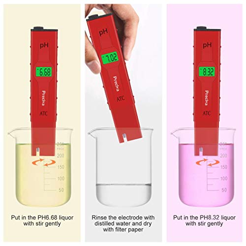 Medidores de pH,Preciva Medidor de Prueba de Calidad del Agua digital con Pantalla LCD Retroiluminada,4 Batería Incluida y con 4 paquetes de Polvos de Calibración para Neutralizar el líquido