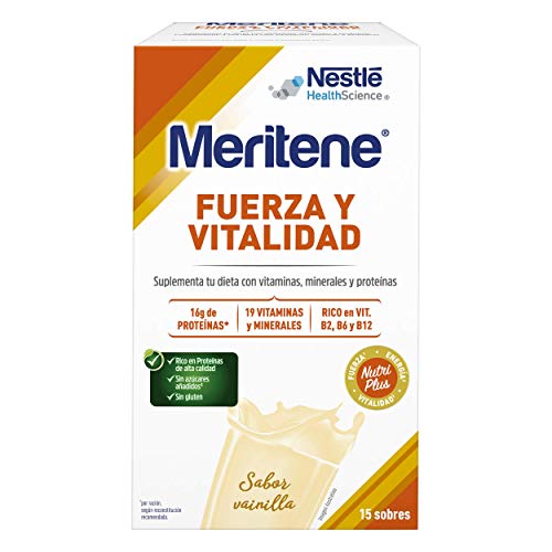 Meritene® FUERZA Y VITALIDAD - Suplementa tu nutrición y mantén tu sistema inmune con vitaminas, minerales y proteínas- Batido de Vainilla - Estuche (15 sobres de 30g)