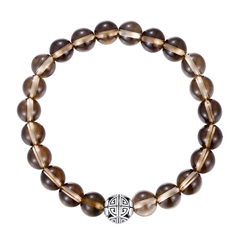 MetJakt Natural 8mm Piedras Preciosas Curación Crystal Stretch Moldeado Pulsera Brazalete con Plata de Ley 925 Doble Felicidad Colgante (Rauchquarz)