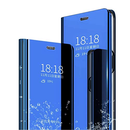 MLOTECH Compatibles Funda para Samsung S9 Plus,Funda + Protector de Pantalla Flip Clear View Translúcido Espejo Standing Cover Slim Fit Anti-Shock Anti-Rasguño Mirror Cubierta Azul Cielo