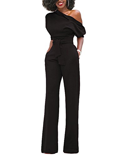 Mono Mujer Talla Grande Jumpsuits Elegante One-Hombro Pantalones Pierna Ancha con Cinturón Negro XXL