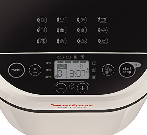 Moulinex OW2101Pain Doré - Panificadora 1Kg, pantalla LCD, 12 programas automáticos, bizcochos, masas, mermeladas y cremas avena, sin gluten, 3 opciones de tostado y peso, incluye libro de recetas