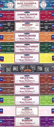 Nag Champa Sunrise Sandalwood Midnight Patchouli Celestial Fortune Blessings Romance Super Hit Jasmine Blossom Rain forest by Satya Gift Set by Nag Champa