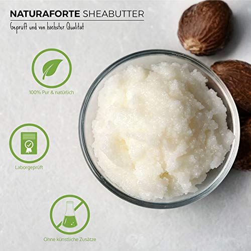 NaturaForte Manteca de karité 250 g, pura y natural, prensada en frío y sin refinar, hidratante, rehidratante. Testado en laboratorio y sin perfumes ni aditivos artificiales