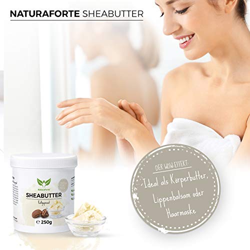 NaturaForte Manteca de karité 250 g, pura y natural, prensada en frío y sin refinar, hidratante, rehidratante. Testado en laboratorio y sin perfumes ni aditivos artificiales