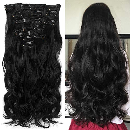 'Never País Beauty 22 Full de cabeza de clip en el pelo de verlangerungen Ombre Wavy Curly DIP Dye 7pcs 16 Clips Hair Extensions Hair Piece Natural Black