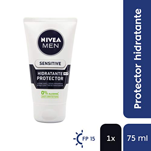 NIVEA MEN Sensitive Hidratante Protector FP15 (1 x 75 ml), 0% alcohol antirritación crema facial hidratante para hombres con piel sensible, con protector solar FP15