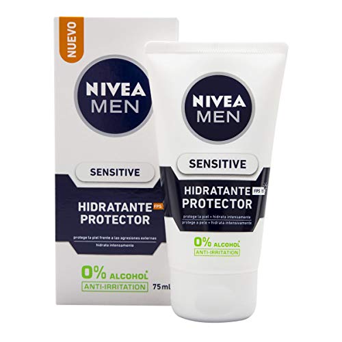 NIVEA MEN Sensitive Hidratante Protector FP15 (1 x 75 ml), 0% alcohol antirritación crema facial hidratante para hombres con piel sensible, con protector solar FP15