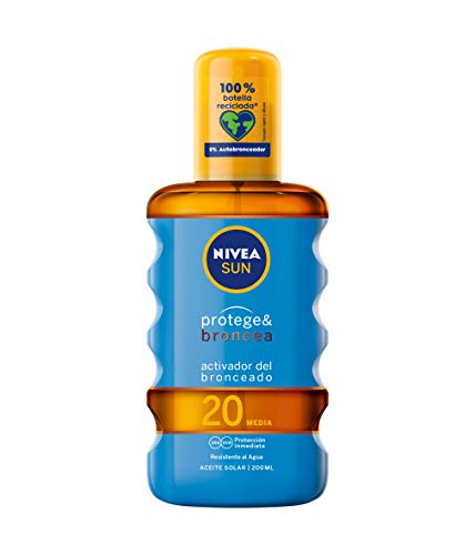 NIVEA SUN Protege & Broncea Aceite Solar FP20 (1 x 200 ml), activador del bronceado, protección solar media resistente al agua con 0% autobronceador