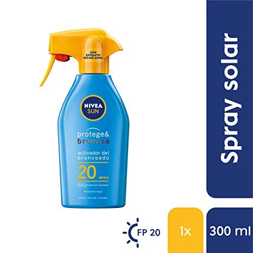 NIVEA SUN Protege & Broncea Spray Solar FP20 (1 x 300 ml), activador del bronceado, protección solar media, protector solar hidratante y resistente al agua, pistola