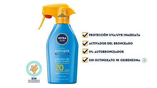 NIVEA SUN Protege & Broncea Spray Solar FP20 (1 x 300 ml), activador del bronceado, protección solar media, protector solar hidratante y resistente al agua, pistola