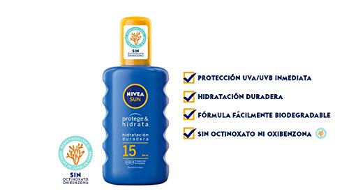 NIVEA SUN Protege & Hidrata Spray Solar FP15 (1 x 200 ml), protector hidratante y resistente al agua con protección UVA/UVB, protección solar media