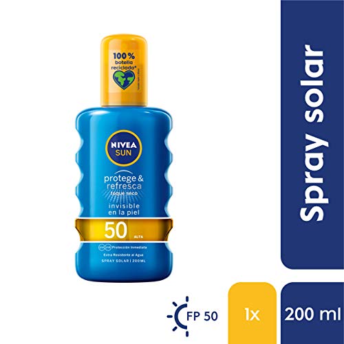 NIVEA SUN Protege & Refresca Spray Solar FP50 (1 x 200 ml), spray con protección UVA/UVB, protección solar alta invisible, refrescante y resistente al agua