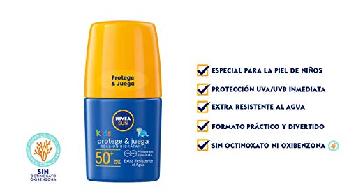 NIVEA SUN Roll-On Solar Niños Protege & Juega FP50+ (1 x 50 ml), protector solar roll-on para niños, crema solar resistente al agua, protección solar muy alta