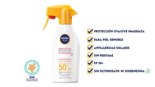 NIVEA SUN Sensitive Protección Inmediata Antialergias Solares Spray Pistola Solar FP 50+, spray solar resistente al agua, protector solar para piel sensible - 1 x 300 ml