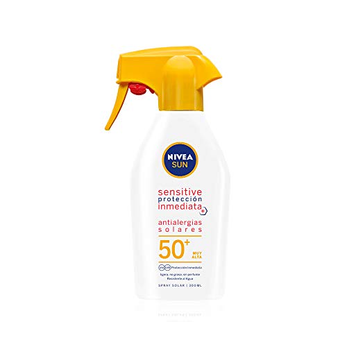 NIVEA SUN Sensitive Protección Inmediata Antialergias Solares Spray Pistola Solar FP 50+, spray solar resistente al agua, protector solar para piel sensible - 1 x 300 ml