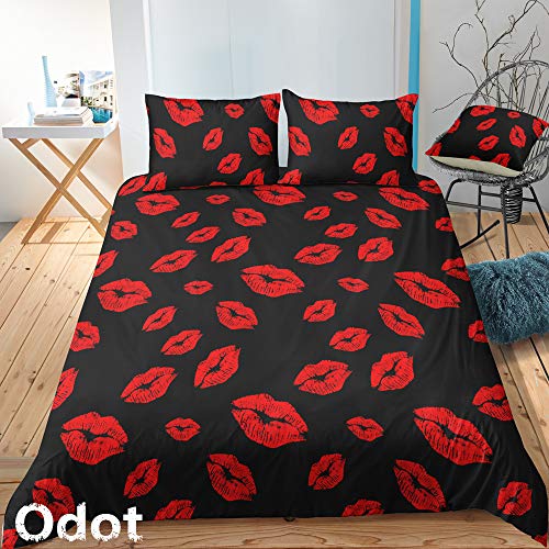 Odot Juego de Ropa de Cama con Funda de Edredón Nórdico de 3 Piezas, Anti-ácaro Defensa Alérgico, Labios Pintalabios Microfibra Poliéster Funda de Almohada (200 * 200cm,Rojo - Negro)