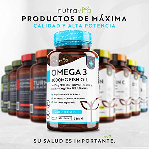 Omega 3 (2000 mg) - 660 mg de EPA y 440 mg de DHA - 240 Capsulas de Gel Suave de Aceite de Pescado Puro (Suministro para 4 meses) - Hecho en el Reino Unido por Nutravita