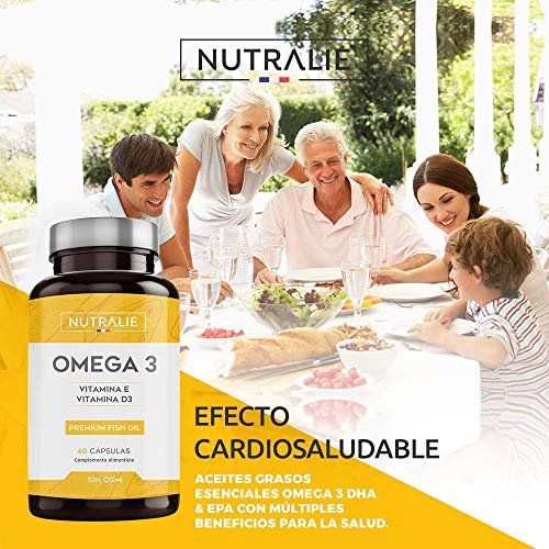 Omega 3 2000mg + Vitaminas D3 y E | 1250mg EPA-DHA por Dosis | Aceite de Pescado Altamente Concentrado 60 Cápsulas | Nutralie