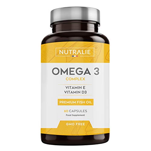 Omega 3 2000mg + Vitaminas D3 y E | 1250mg EPA-DHA por Dosis | Aceite de Pescado Altamente Concentrado 60 Cápsulas | Nutralie