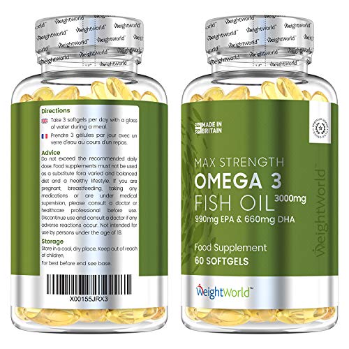 Omega 3 Aceite de Pescado Puro 3000 mg - 990 mg de EPA + 660 mg DHA - Efecto Antiinflamatorio y Antioxidante, Suplemento para la Salud de Cerebro, Hígado y Corazón, Controla Colesterol, 60 Cápsulas