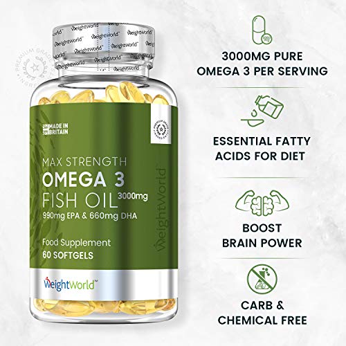 Omega 3 Aceite de Pescado Puro 3000 mg - 990 mg de EPA + 660 mg DHA - Efecto Antiinflamatorio y Antioxidante, Suplemento para la Salud de Cerebro, Hígado y Corazón, Controla Colesterol, 60 Cápsulas