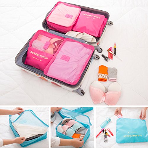 Organizador de Viaje Organizadores para Maletas, EASEHOME 3Pcs Cubos de Embalaje + 3pcs Bolsas de Almacenamiento para Ropa Zapato Cosmético Impermeable Bolsa de Lavandería, Rosa