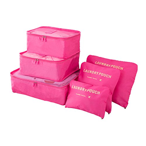 Organizador de Viaje Organizadores para Maletas, EASEHOME 3Pcs Cubos de Embalaje + 3pcs Bolsas de Almacenamiento para Ropa Zapato Cosmético Impermeable Bolsa de Lavandería, Rosa